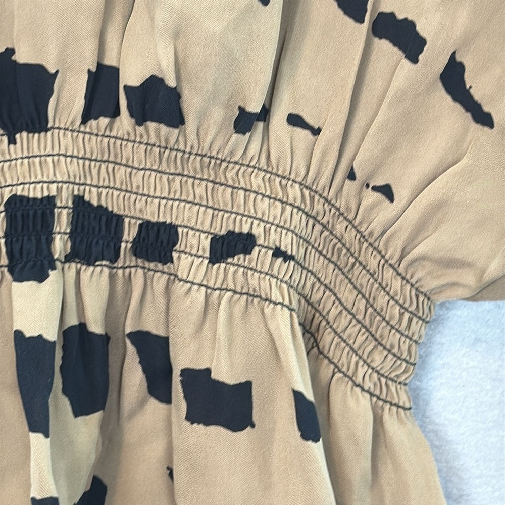 Parker - women’s 100% silk blouse kimono 1/2 sleeve Tan Black elastic waist Top - Picture 4 of 6